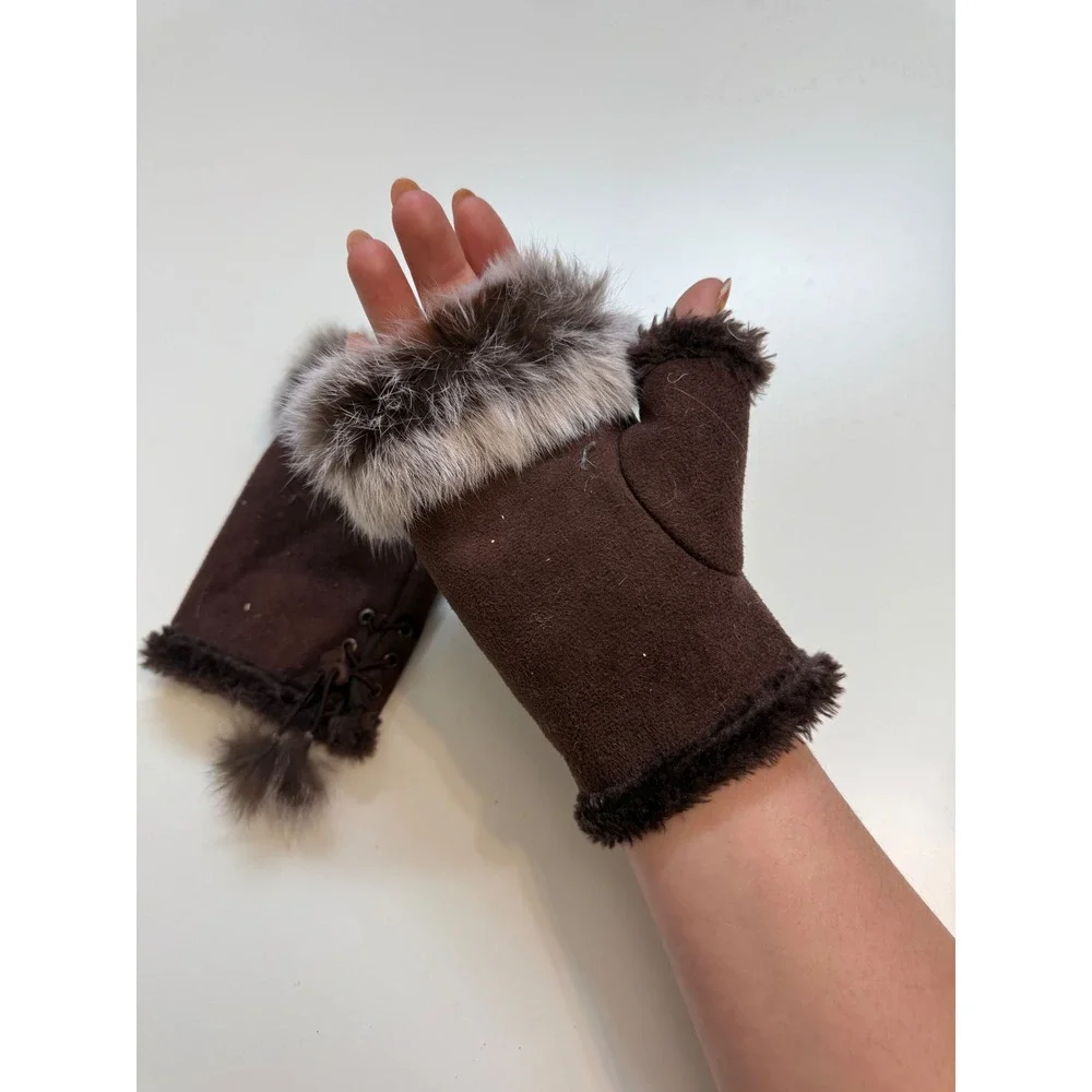 Brown Faux Suede Fingerless Gloves Faux Fur Trim Lace Up Pom Pom Hand Warmers